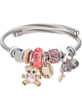 Silver-pink Bear Charm Bracelet Silver Stainless Steel Bangle